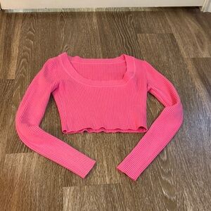 Pink Ribbed Square-Neck Crop Top